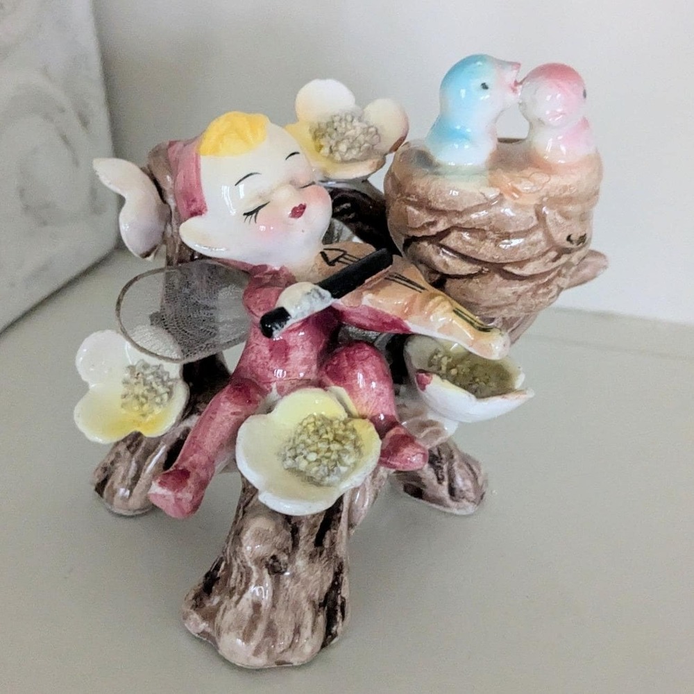 Rare Vintage Japan Ceramic Pixie Elf Playing Violin Birds Nest Figurine Japan